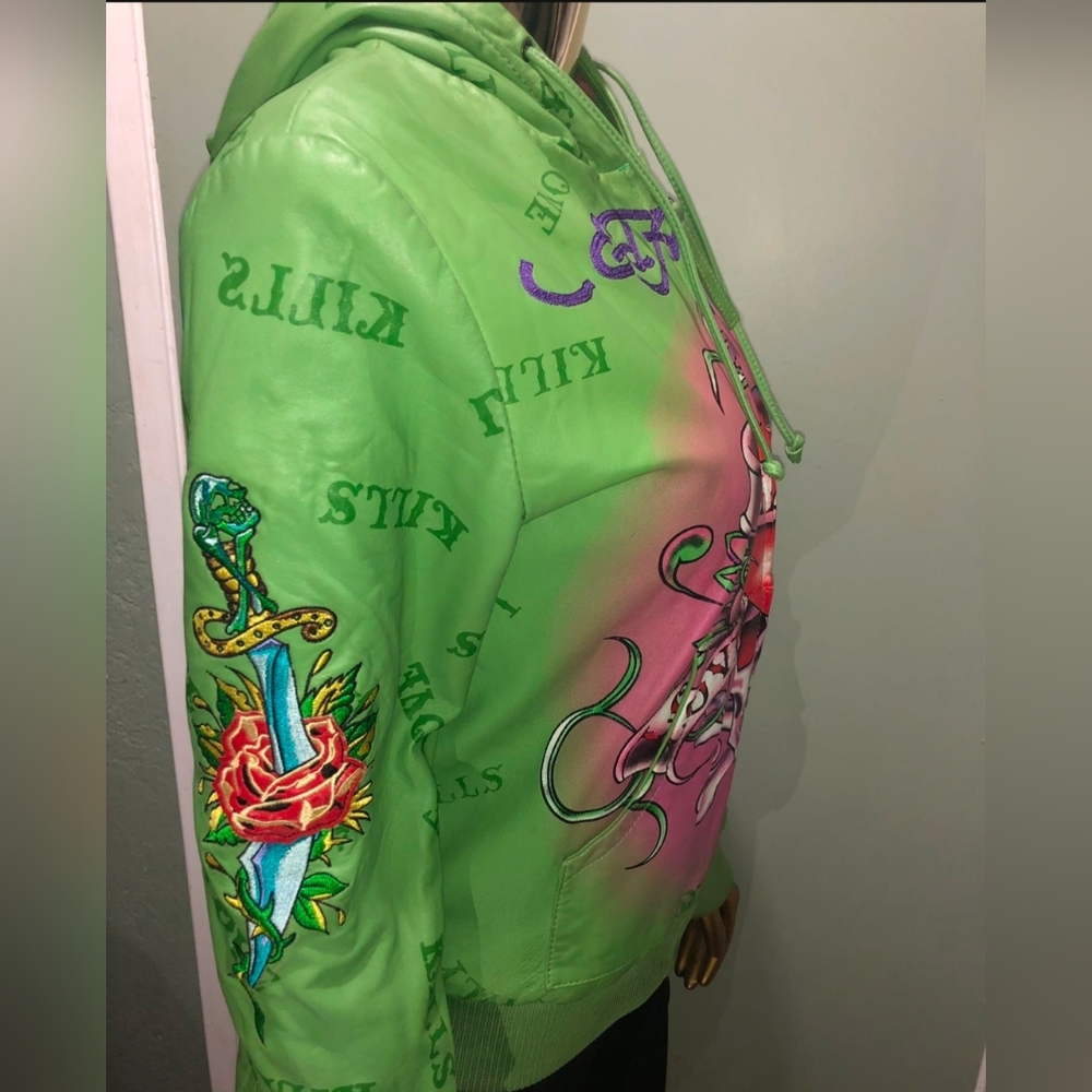 Ed Hardy by Christian Audigier Green Pink Leather Jacket hoodie Women's Medium - Picture 4 of 13